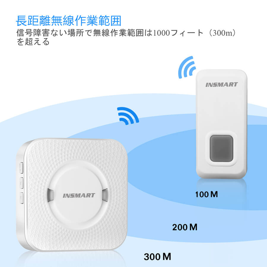 INSMART ワイヤレスチャイム インターホン ワイヤレスベル 電池式 ドアベル 呼び出しベル 呼び鈴 玄関チャイム チャイムコード 呼び出しチャイムセット  LEDライト付 IP55防水 防塵 超長300Mの無線作業範囲 設置簡単日本語取扱説明書付 (S)-INSMART